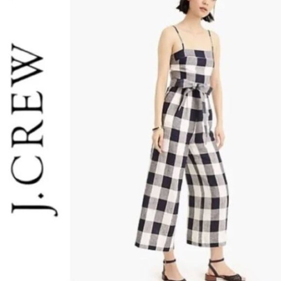 J. Crew Linen Wide Leg Belted Jumpsuit Size 2 Plaid - Picture 2 of 5
